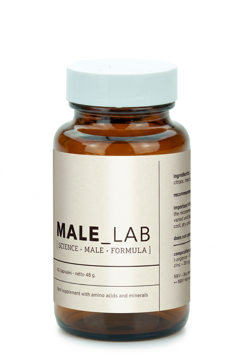 Amber glass MALE_LAB supplement bottle with white cap and MALE_LAB label
